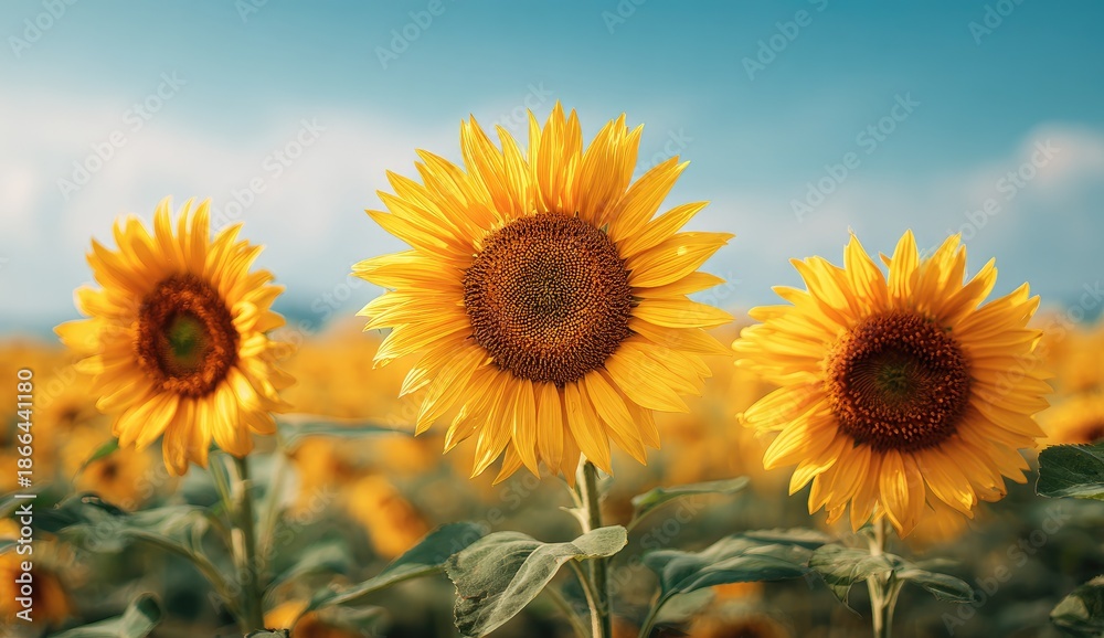 Obraz premium Three vibrant sunflowers stand tall in a field against a bright blue sky