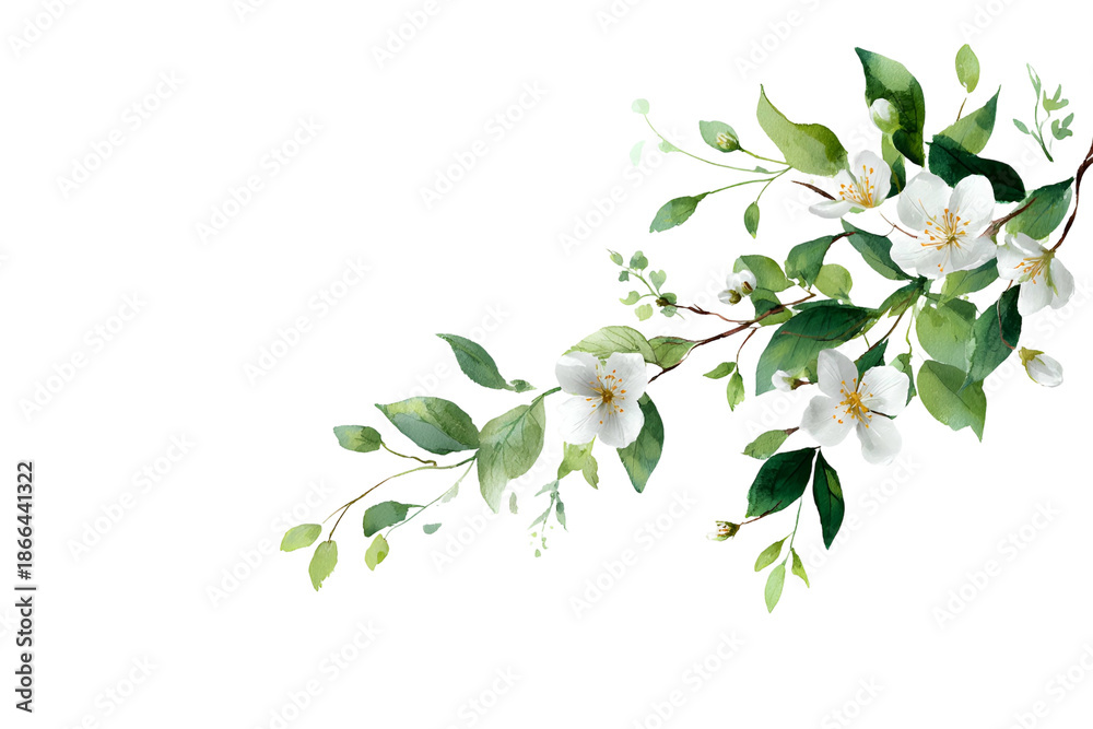Obraz premium Watercolor painting of a floral arrangement with white flowers and green leaves