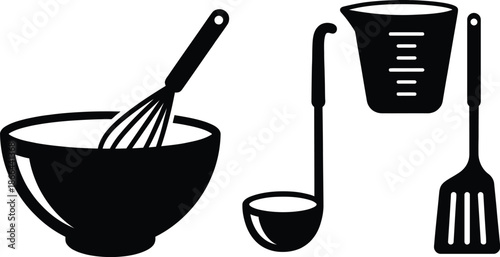 Kitchen utensils for pancake batter preparation flat design illustration