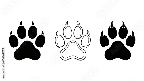 Set of Three Paw Print Icons Solid Black and Outline Styles for Animal and Wildlife Themes