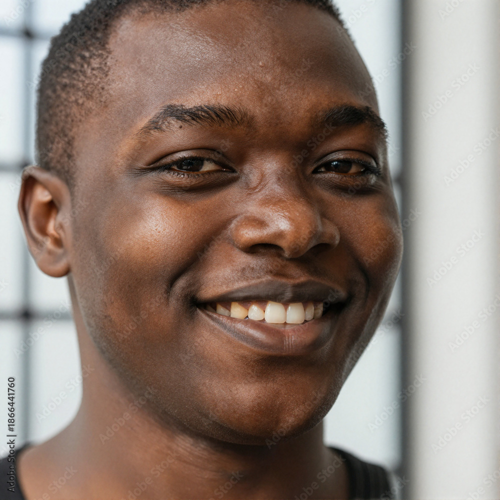 Obraz premium Portrait of a joyful African person with natural lighting and detailed skin texture