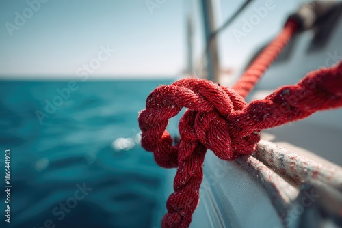 Focus on a red rope tied in a complex knot against blurred water and blue sky