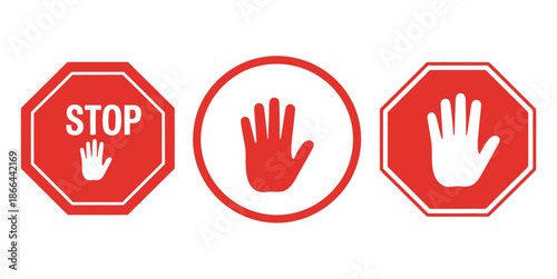 Stop, do not cross, ban, forbidden and alert icon set, featuring red stop sign, hand stop vector illustration, perfect for safety signage, hazard warnings, restricted areas, traffic alerts