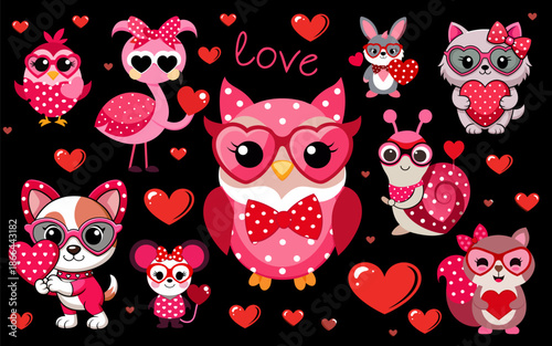 Cute animals in love in festive costumes against the background of hearts Dark back