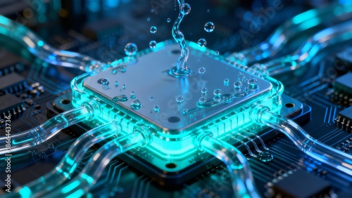 Advanced Cooling System for High-Performance Computer Chip, Futuristic Technology, Innovation, Data Processing, AI, Server Cooling