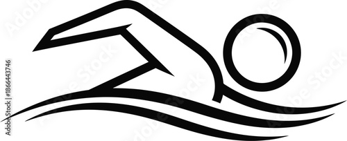 A minimalist black and white icon illustrating a swimmer actively propelling through water with waves