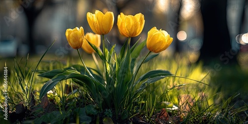 Vibrant yellow tulips in a patch of green grass with soft sunlight and blurred background
