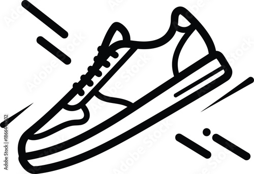 Dynamic outline icon of an athletic running sneaker with speed lines for active lifestyle