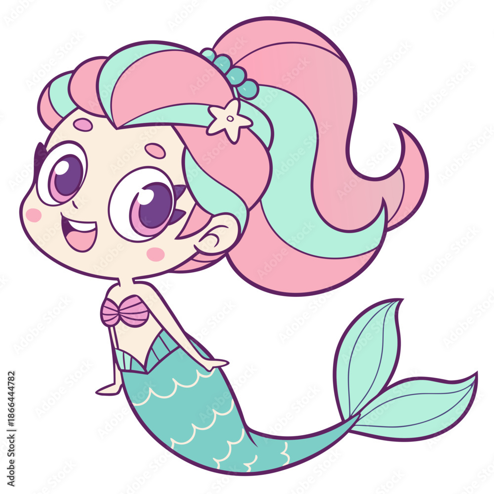 Obraz premium A cute cartoon mermaid girl with pink and teal hair and tail on a white background vector graphic