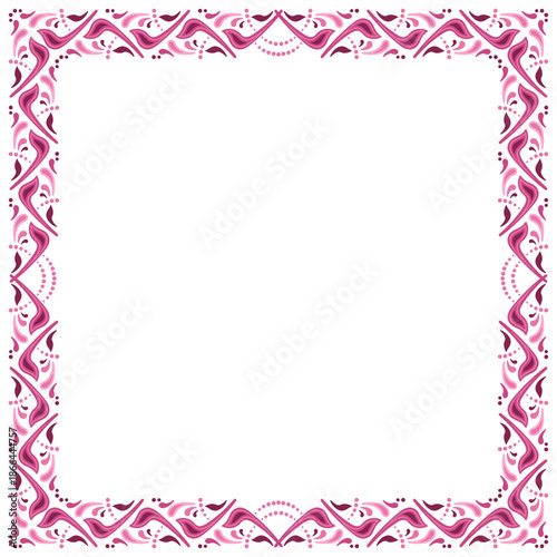 Pink square frame in ethnic style. Ornamental element of curved lines and shapes. Mosaic tile decor in folk style. Ethnic red pink colorful ornament on white background