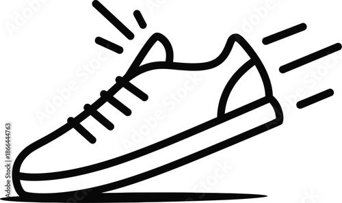 A dynamic black and white outline icon of a speedy athletic shoe ready for action