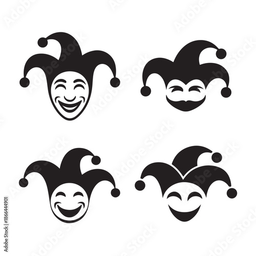 april fools day Set of Black and White Joker and Jester Face Silhouette Icons, Playful Clown Expressions with Traditional Three-Pointed Hat for Performance Arts