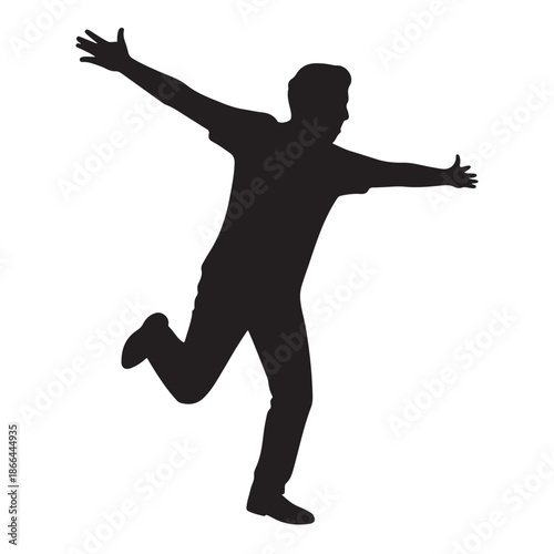 Silhouette of a Man Running with Arms Spread Wide in Celebration, Joyful Success and Freedom Concept Figure Isolated on White