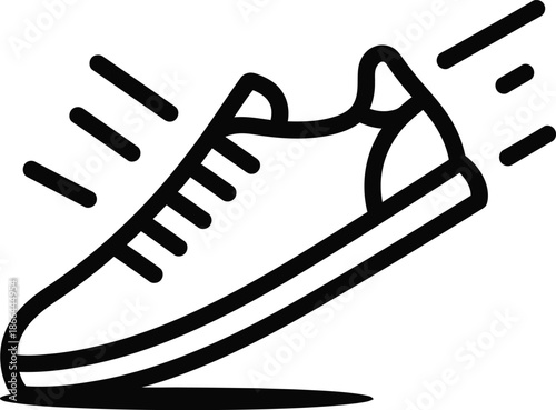 A dynamic black outline illustration of a modern sneaker or sports shoe with motion lines, symbolizing speed and agility