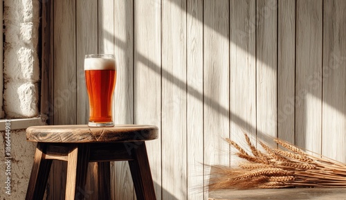 A pint of amber beer on a wooden stool, against a rustic wall with light