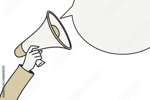 Hand holding a white megaphone with an empty speech bubble, isolated on transparent background