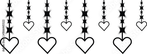 Hanging hearts and sparkling stars in a minimalist black and white design