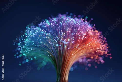 Close-up view of vibrant illuminated fiber optic cables against a dark blue background