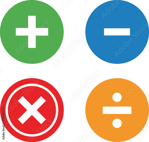 Mathematical operation icon set with plus, minus, multiply and divide symbols for calculator and education flat vector design