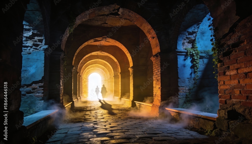 Naklejka premium Arched Corridor, Stone Architecture, Ancient Hallway - Light Tunnel Beckoning Interior Exploration - Timeless Architectural Beauty