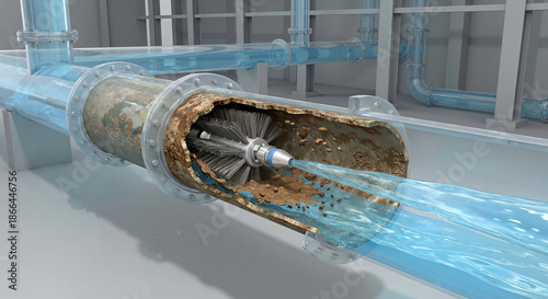 3D illustration of an industrial pipe cleaning robot with rotating brushes and high-pressure water jets removing rust and scale from a pipeline interior, cross-section view.