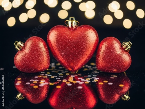 Three red heart-shaped ornaments