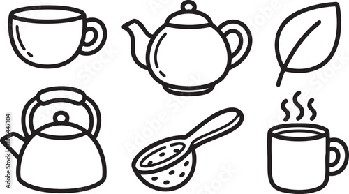 Collection of black outline tea and coffee related on white background teapot