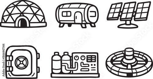 Collection of six black and white depicting futuristic structures and technology dome igloo geodesic