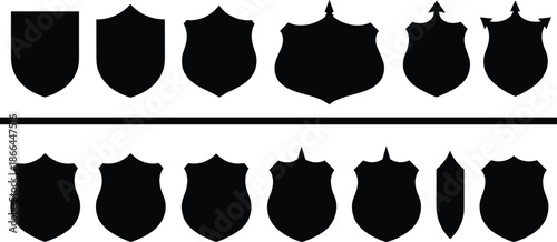 Shield silhouette icon set with multiple badge shapes, security protection emblem collection flat vector illustration