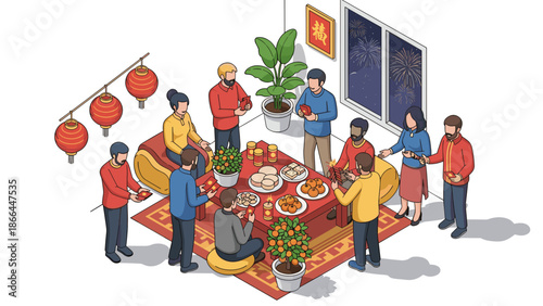 Chinese New Year celebration with family and friends gathering around a table laden with festive food and decorations