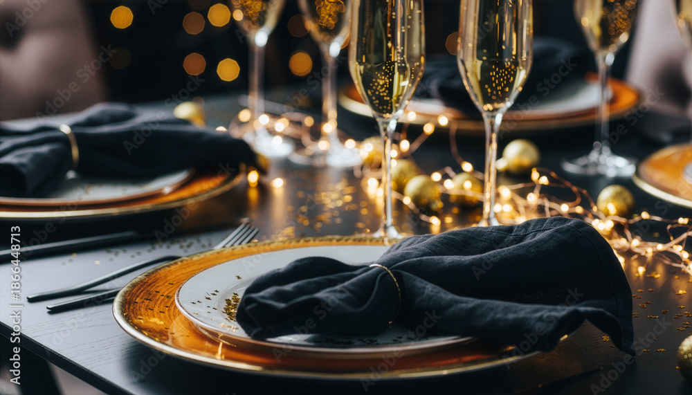 Fototapeta premium Elegant Festive Dinner Table Setting: Luxury Black and Gold Decor with Champagne Flutes, String Lights, and Confetti for New Year's Eve Celebration.