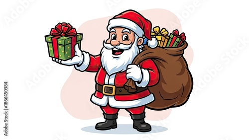 Cartoon santa claus with gifts and sack in vector illustration