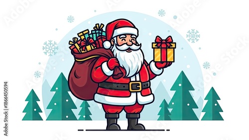 Cartoon santa claus with gifts bag and present box on white background