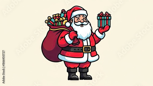 Cartoon santa claus with gifts bag and present isolated on beige background