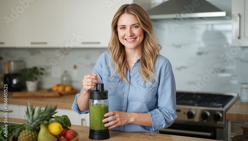Woman Blends Green Smoothie in Kitchen With Fresh Fruits and Vegetables Nearby