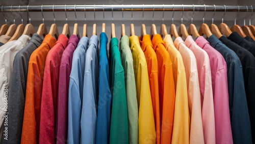 Shirts Hanging on a Rack in a Store Arranged by Color During Daytime