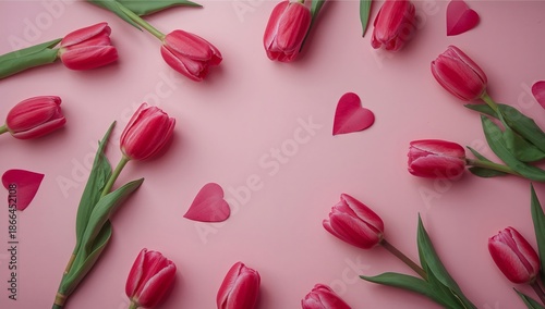 Flowers and Hearts Create a Colorful Pattern on a Pink Background