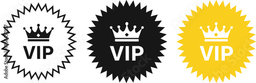 VIP badge icon set with crown symbols for premium membership, exclusive access and luxury branding flat vector illustration
