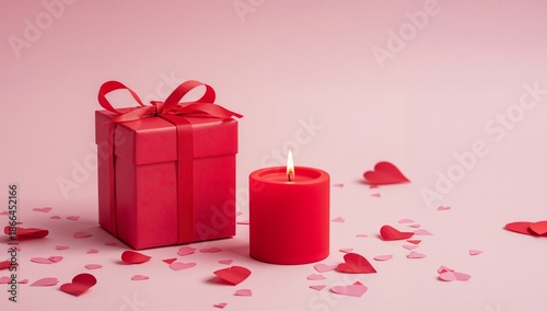Bright Red Gift Box and Candle With Heart Shapes on Pink Background for Celeb...