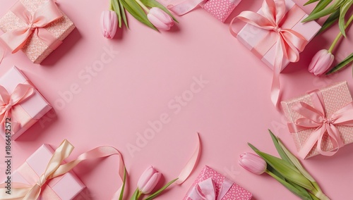 Presents and Flowers on a Pink Table Ready for a Celebration