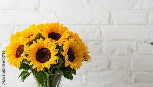 Sunflowers in a Clear Vase on a White Brick Wall Indoors During Daylight