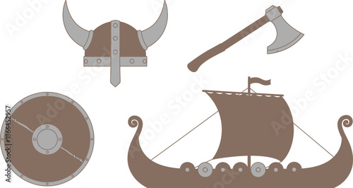 Set of 4 Viking essentials horned helmet round wooden shield battle axe and longboat ship