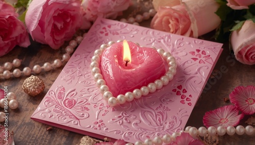 Heart Candle Surrounded by Flowers and Decorative Elements on a Wooden Table