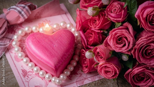 Valentine Gift With Pink Heart and Flowers on a Table in a Cozy Setting