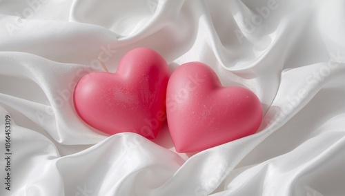 Two Pink Heart-Shaped Soaps Placed on White Satin Fabric for Decoration or Gifts