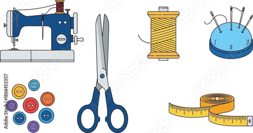 Set of 6 sewing kit essentials flat design illustration sewing machine thread spool needle cushion scissors buttons and tape measure