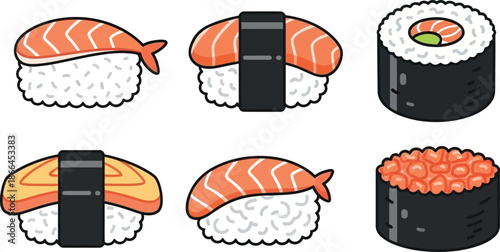 Set of 6 Sushi varieties flat illustration salmon nigiri tuna maki shrimp tempura roll sashimi and wasabi pile