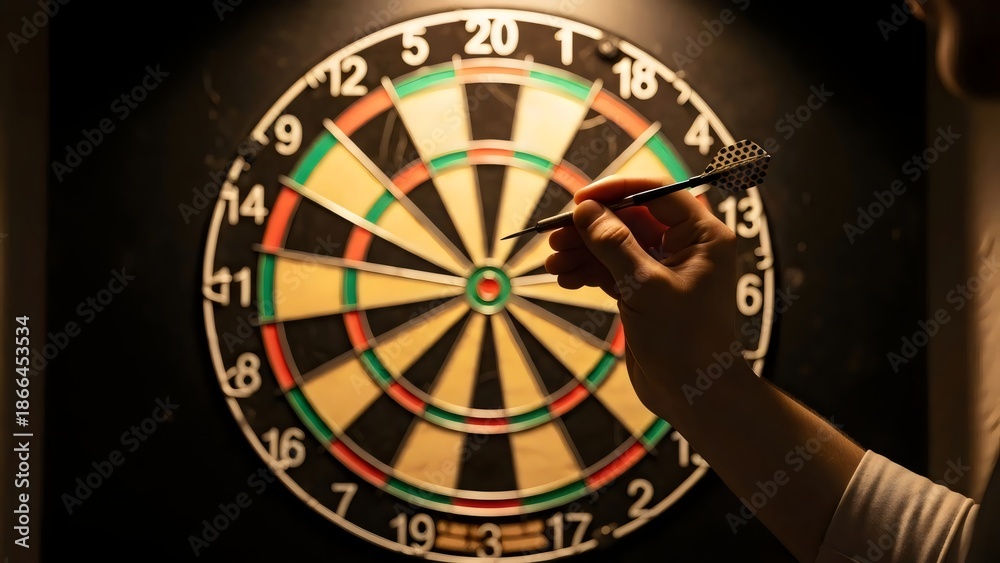 Obraz premium Dartboard competition perspective showing dart in hand ready to throw with focus on bullseye scoring target