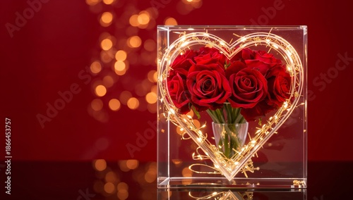 Red Roses in a Heart-Shaped Display With Lights on a Red Background During a ...