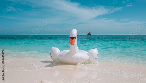 Swan Float in Clear Water on a Sunny Day at the Beach in a Tropical Location